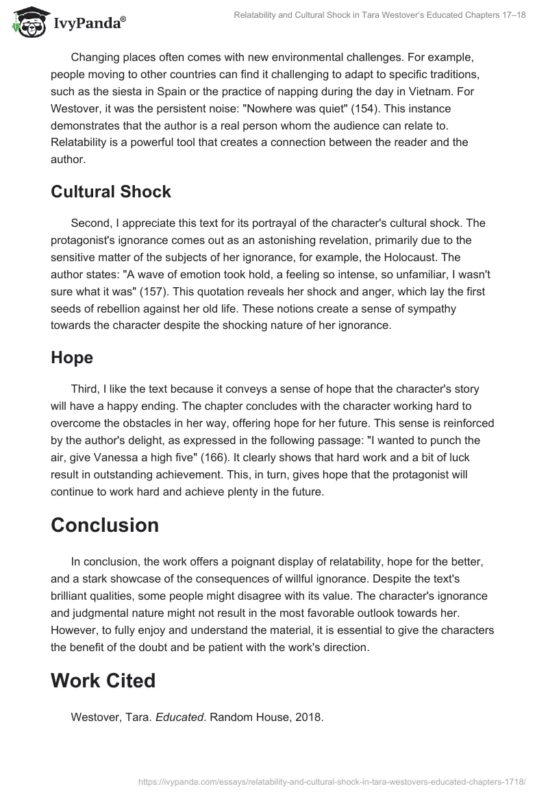 Relatability and Cultural Shock in Tara Westover’s Educated Chapters 17–18. Page 2