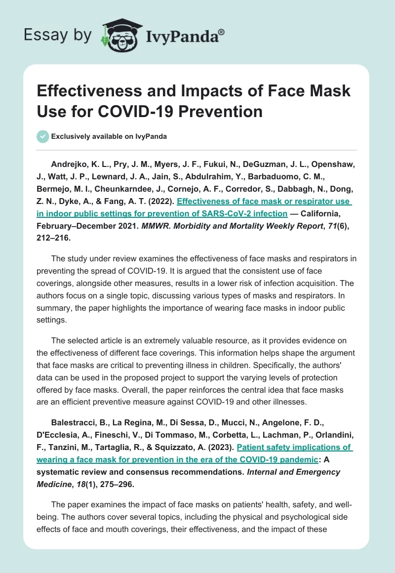 Effectiveness and Impacts of Face Mask Use for COVID-19 Prevention. Page 1