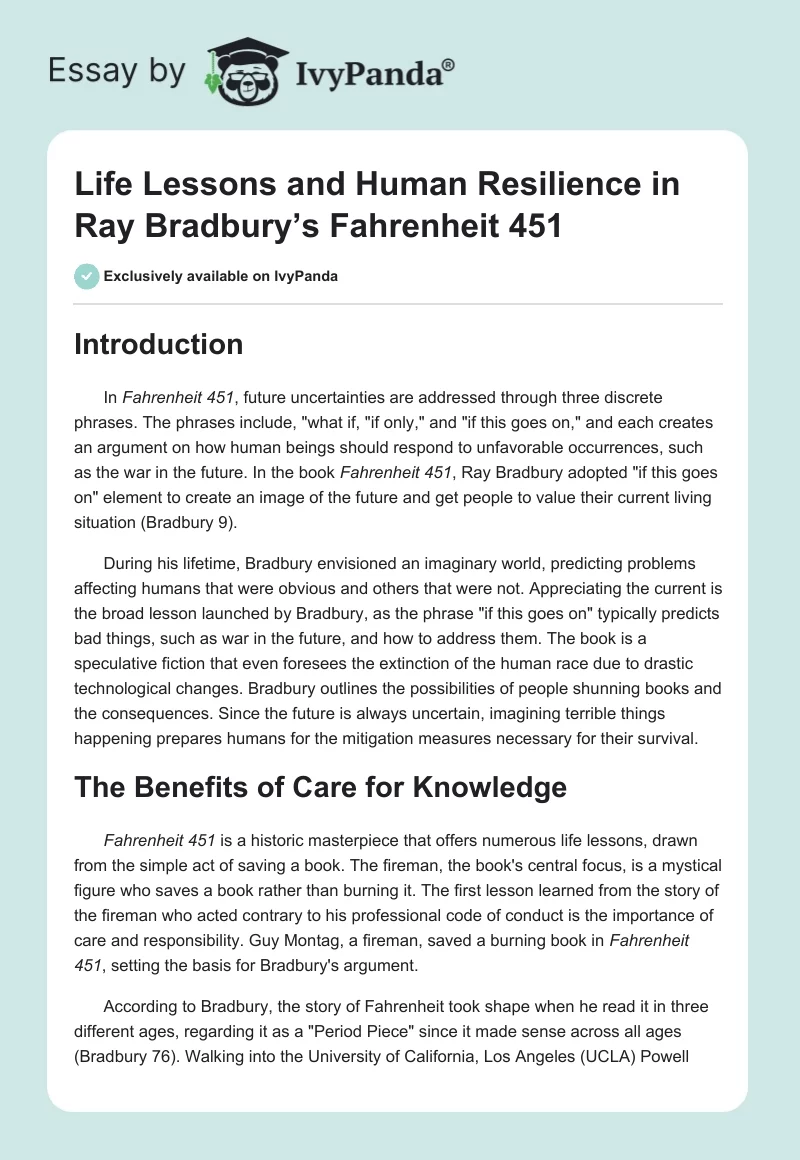 Life Lessons and Human Resilience in Ray Bradbury’s Fahrenheit 451. Page 1