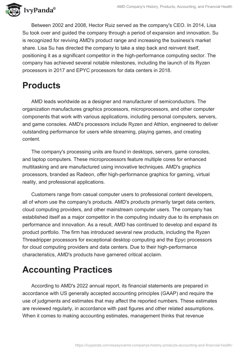 AMD Company's History, Products, Accounting, and Financial Health. Page 2