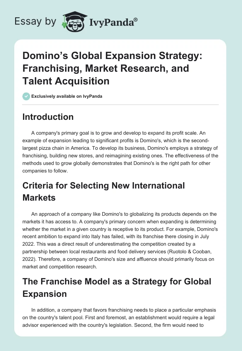 Domino’s Global Expansion Strategy: Franchising, Market Research, and Talent Acquisition. Page 1