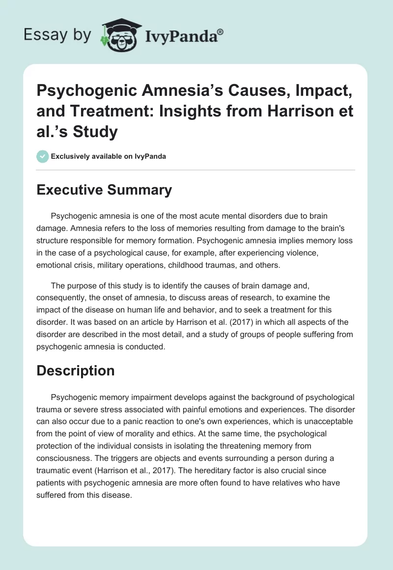 Psychogenic Amnesia’s Causes, Impact, and Treatment: Insights from Harrison et al.’s Study. Page 1