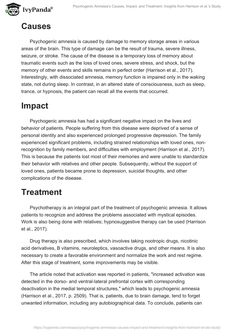 Psychogenic Amnesia’s Causes, Impact, and Treatment: Insights from Harrison et al.’s Study. Page 2