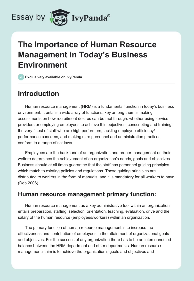 The Importance of Human Resource Management in Today’s Business Environment. Page 1