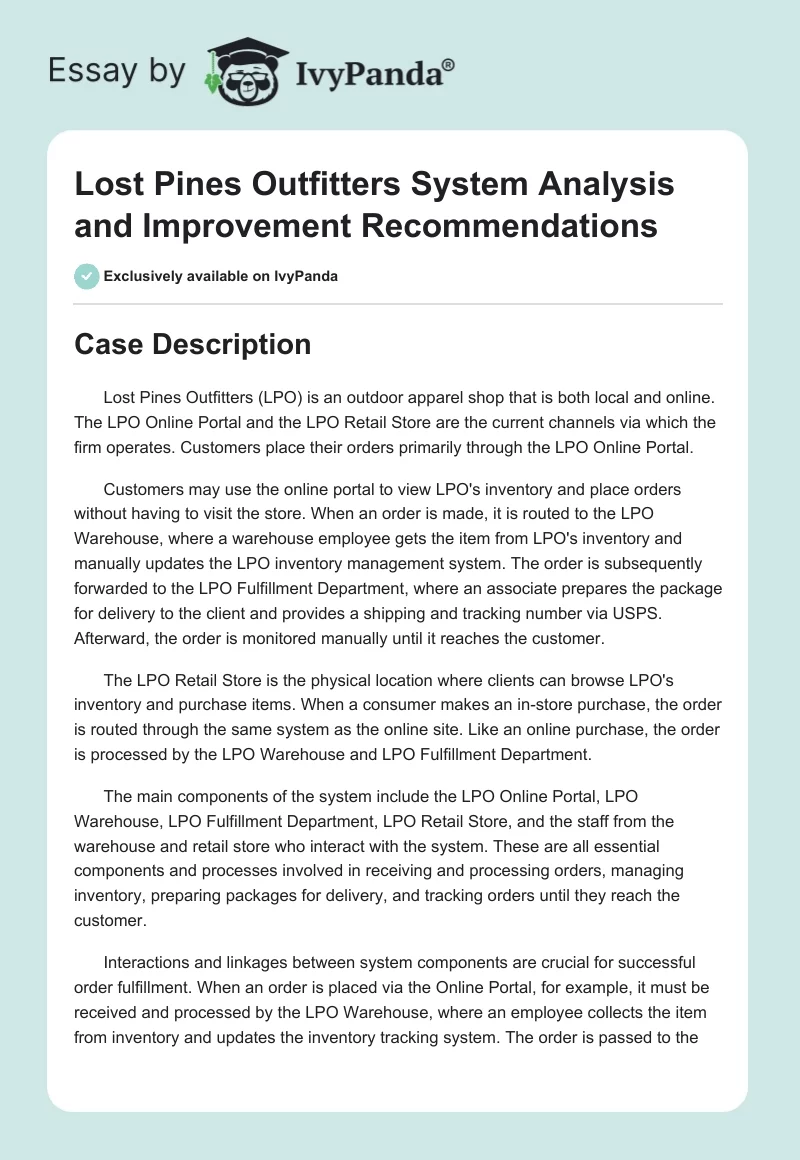 Lost Pines Outfitters System Analysis and Improvement Recommendations. Page 1