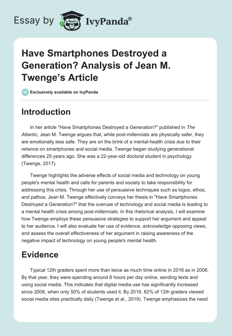 Have Smartphones Destroyed a Generation? Analysis of Jean M. Twenge’s Article. Page 1