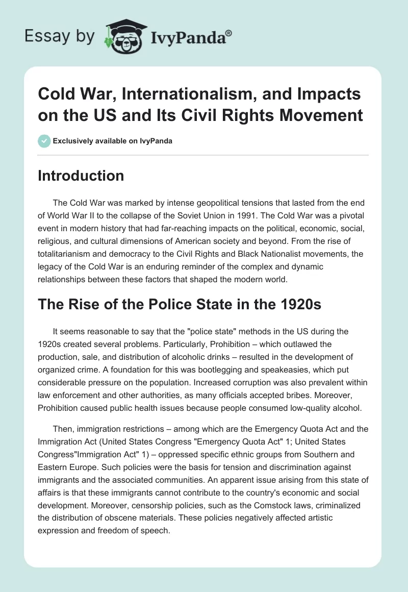 Cold War, Internationalism, and Impacts on the US and Its Civil Rights Movement. Page 1