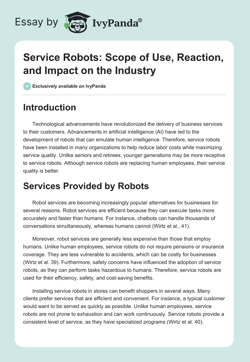 Service Robots: Scope of Use, Reaction, and Impact on the Industry. Page 1