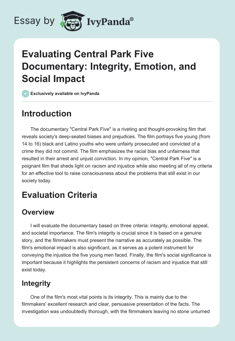 Evaluating Central Park Five Documentary: Integrity, Emotion, and Social Impact. Page 1