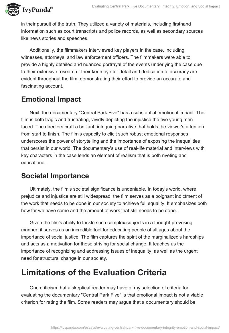 Evaluating Central Park Five Documentary: Integrity, Emotion, and Social Impact. Page 2