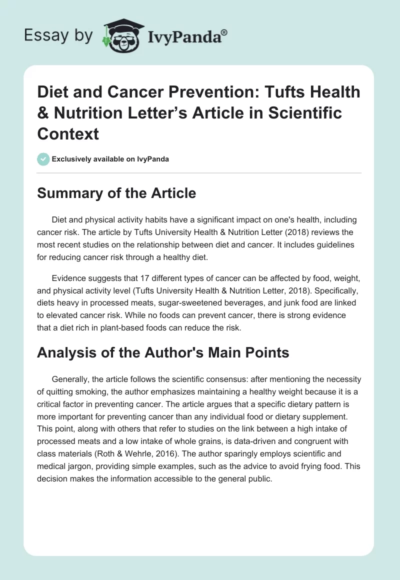 Diet and Cancer Prevention: Tufts Health & Nutrition Letter’s Article in Scientific Context. Page 1