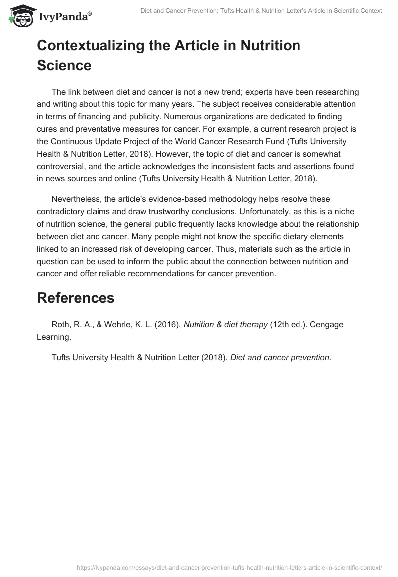 Diet and Cancer Prevention: Tufts Health & Nutrition Letter’s Article in Scientific Context. Page 2
