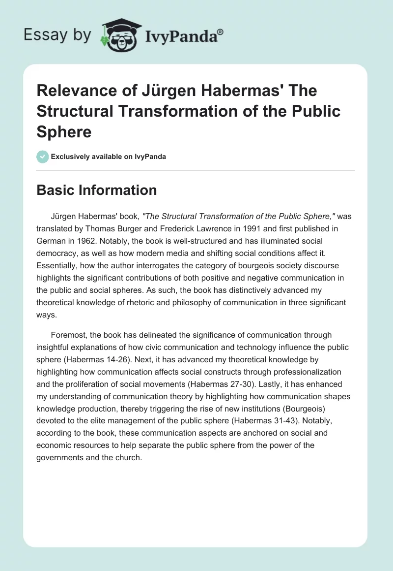Relevance of Jürgen Habermas' "The Structural Transformation of the Public Sphere". Page 1