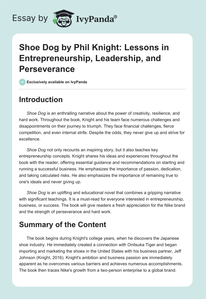 Shoe Dog by Phil Knight: Lessons in Entrepreneurship, Leadership, and Perseverance. Page 1