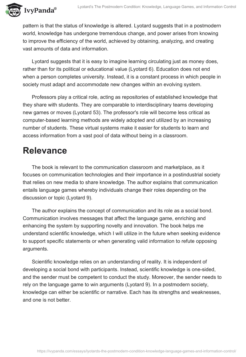 Lyotard’s The Postmodern Condition: Knowledge, Language Games, and Information Control. Page 2