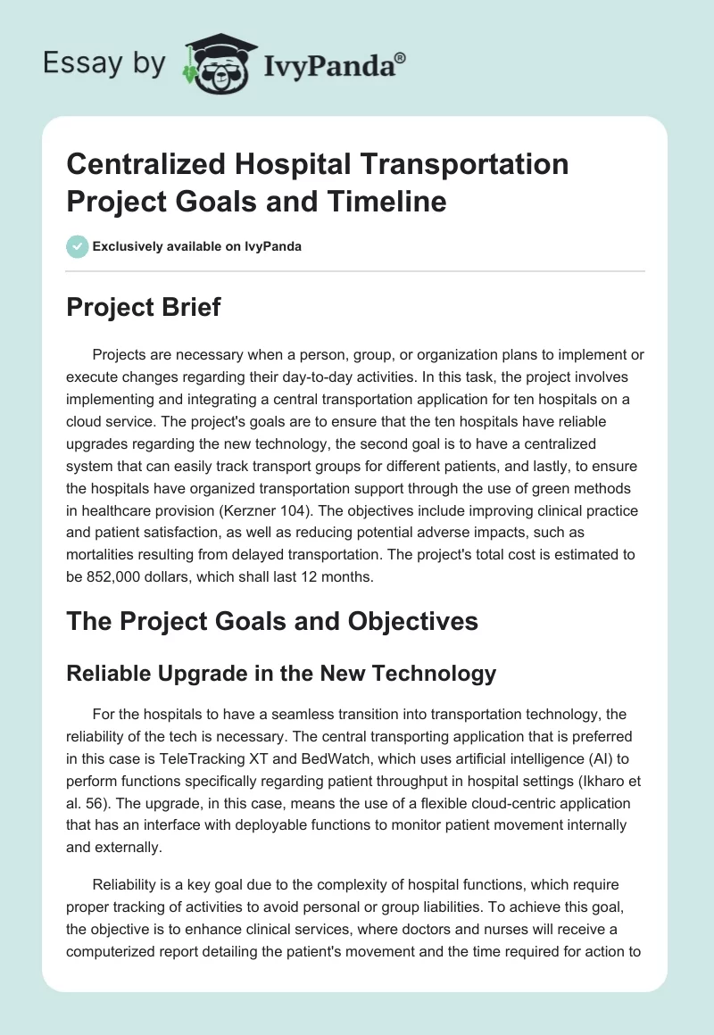 Centralized Hospital Transportation Project Goals and Timeline. Page 1