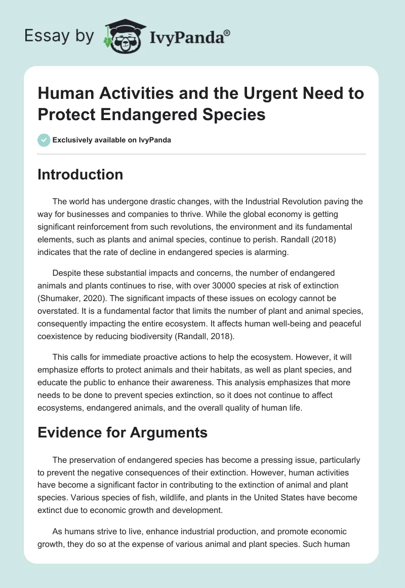 Human Activities and the Urgent Need to Protect Endangered Species. Page 1