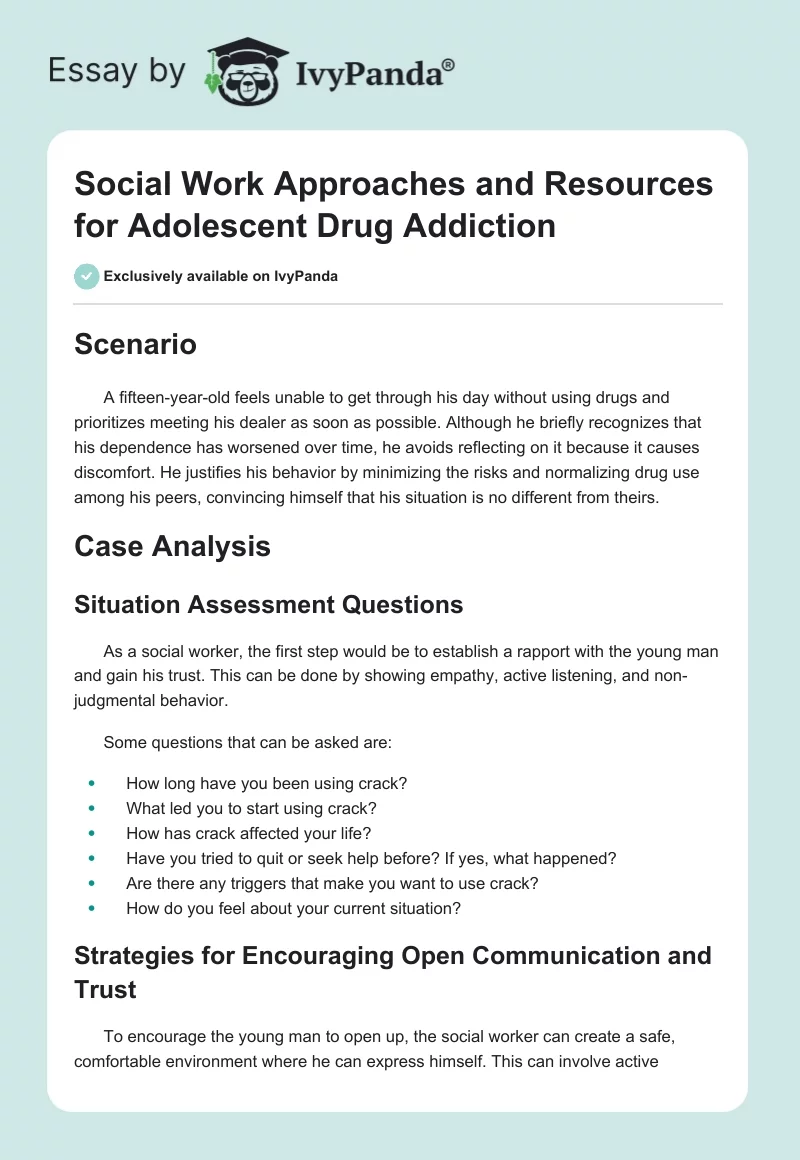 Social Work Approaches and Resources for Adolescent Drug Addiction. Page 1