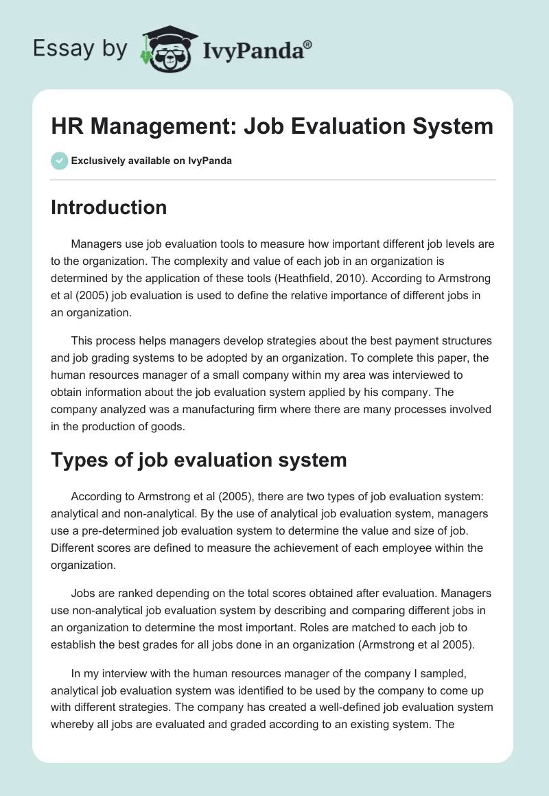 HR Management: Job Evaluation System. Page 1