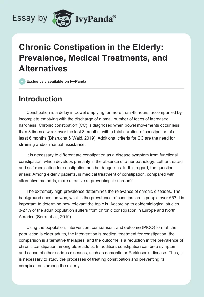 Chronic Constipation in the Elderly: Prevalence, Medical Treatments, and Alternatives. Page 1