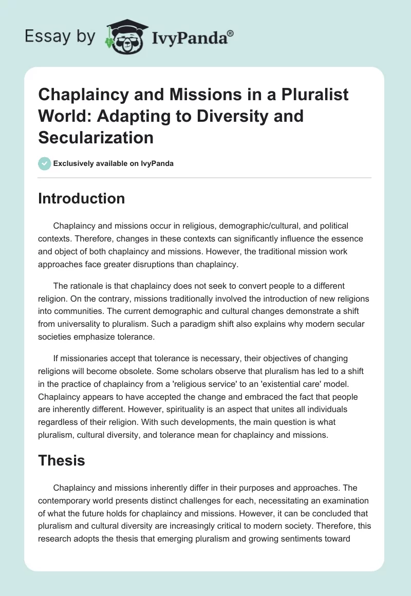 Chaplaincy and Missions in a Pluralist World: Adapting to Diversity and Secularization. Page 1