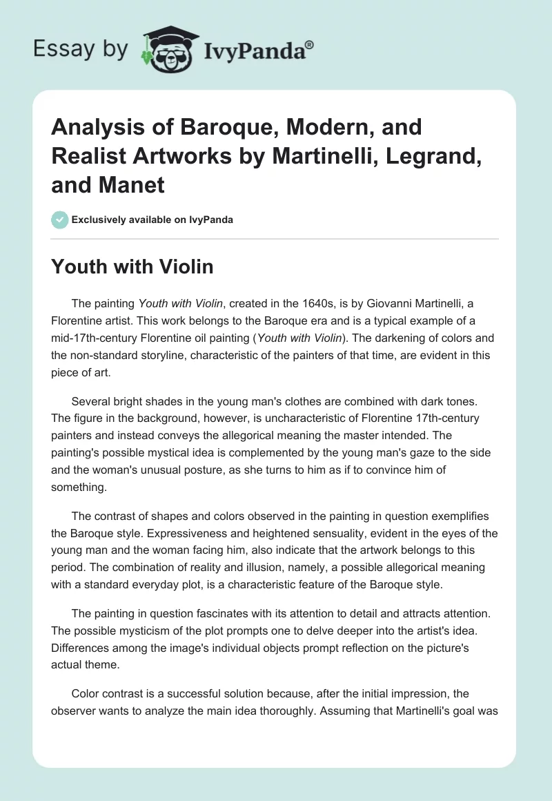 Analysis of Baroque, Modern, and Realist Artworks by Martinelli, Legrand, and Manet. Page 1