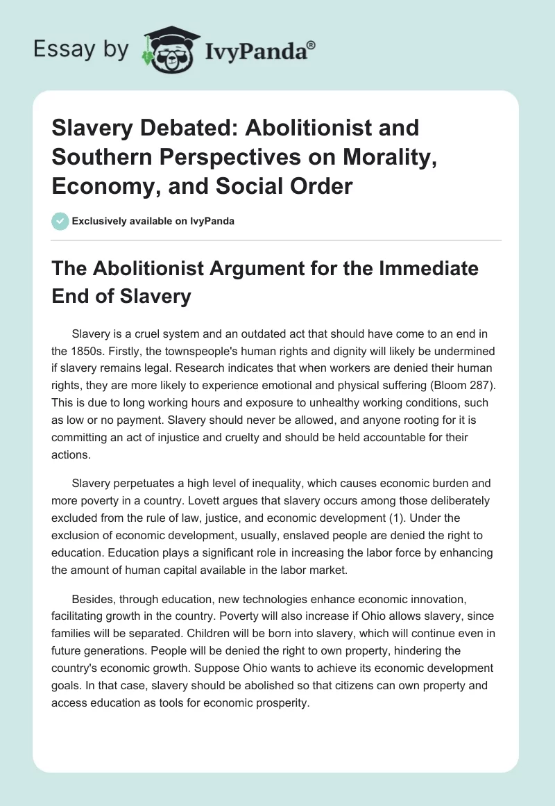 Slavery Debated: Abolitionist and Southern Perspectives on Morality, Economy, and Social Order. Page 1