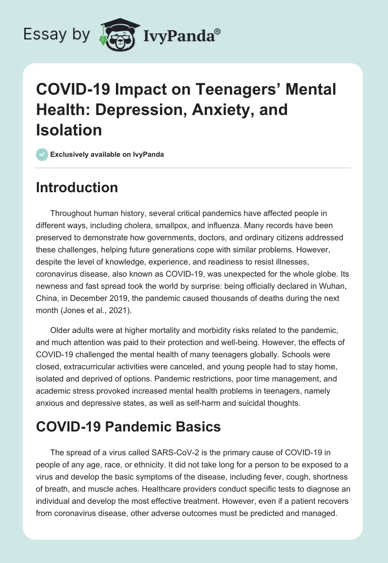 COVID-19 Impact on Teenagers’ Mental Health: Depression, Anxiety, and Isolation. Page 1