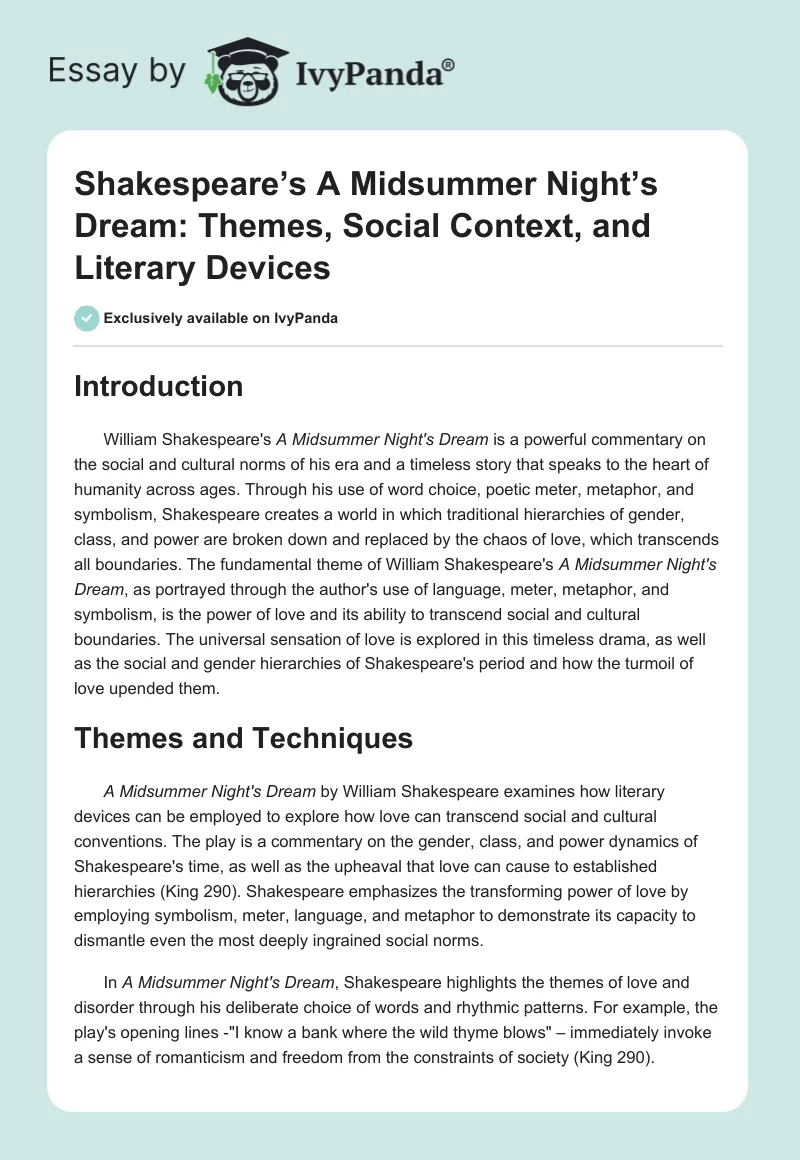 Shakespeare’s A Midsummer Night’s Dream: Themes, Social Context, and Literary Devices. Page 1