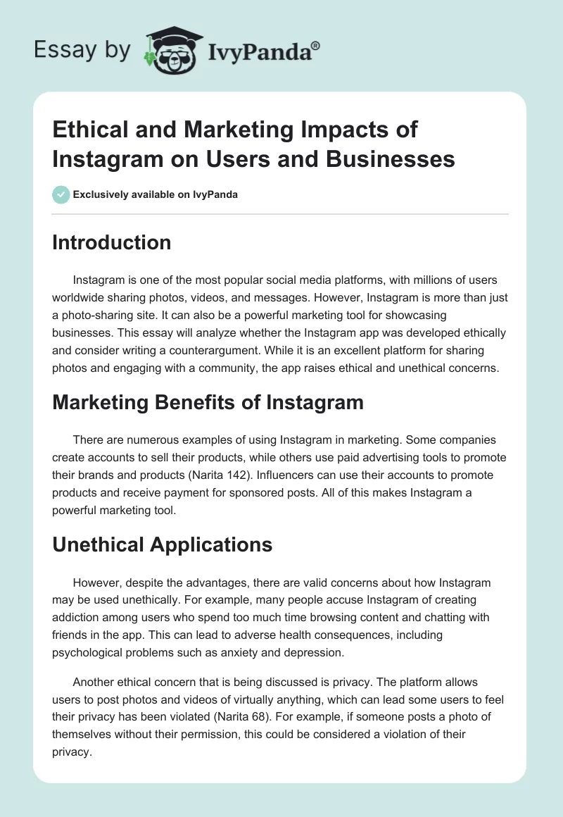 Ethical and Marketing Impacts of Instagram on Users and Businesses. Page 1