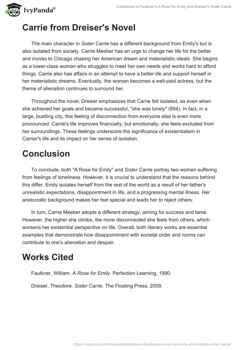 Loneliness in Faulkner’s A Rose for Emily and Dreiser’s Sister Carrie. Page 2