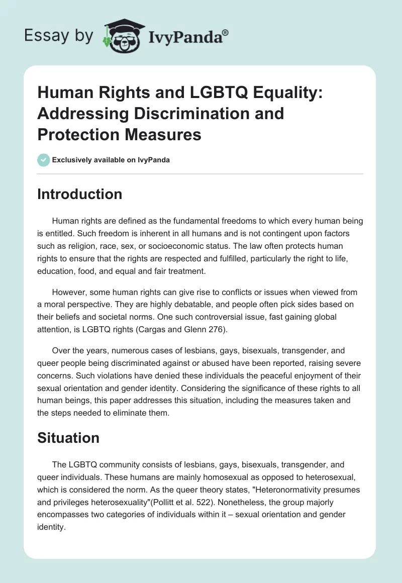 Human Rights and LGBTQ Equality: Addressing Discrimination and Protection Measures. Page 1