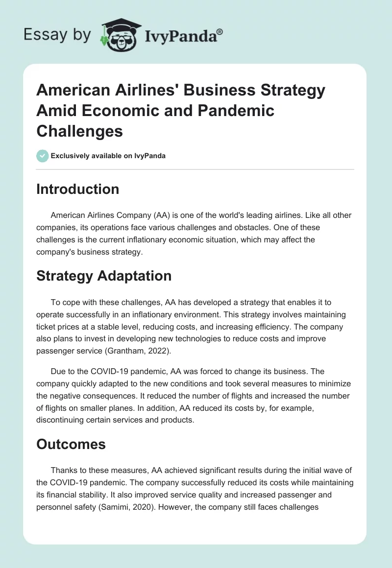 American Airlines' Business Strategy Amid Economic and Pandemic Challenges. Page 1