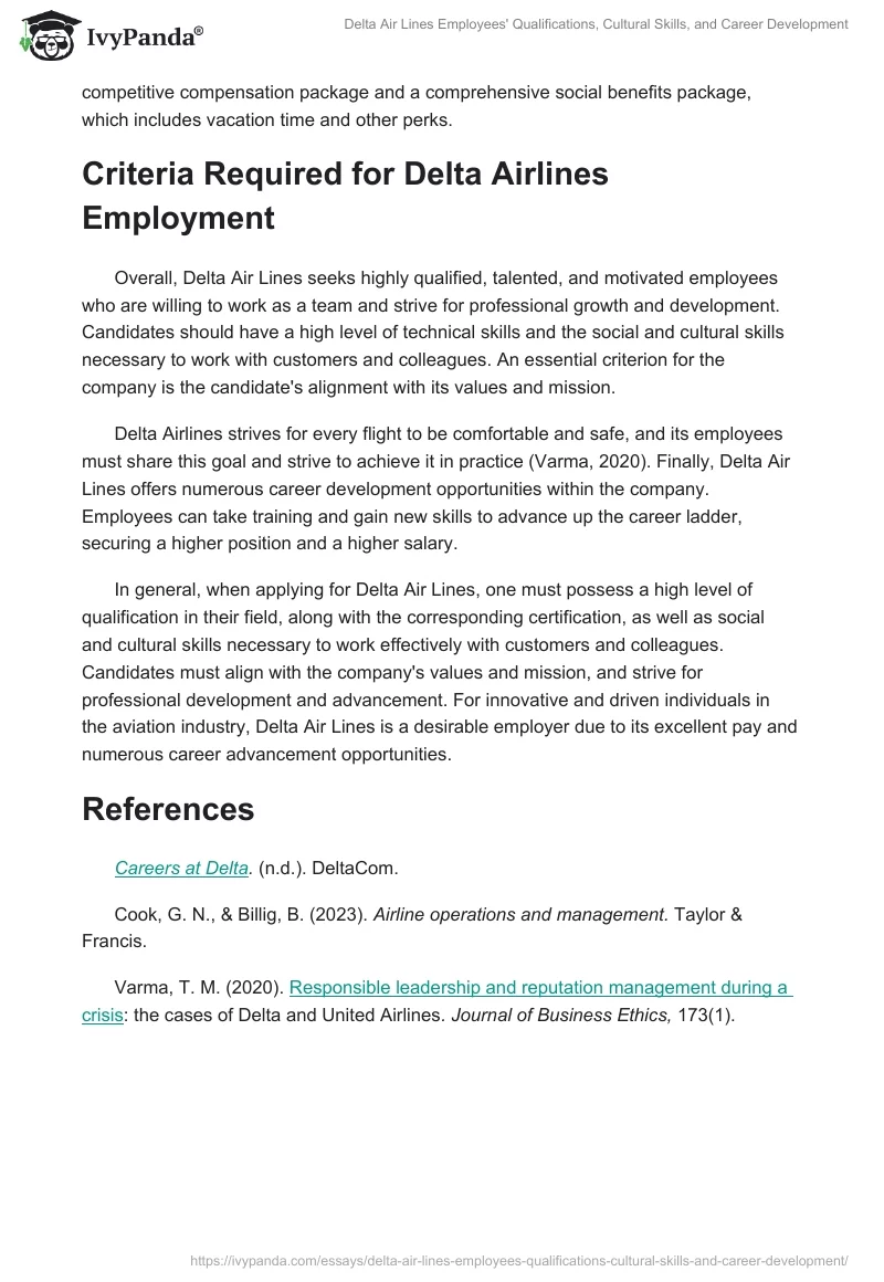 Delta Air Lines Employees' Qualifications, Cultural Skills, and Career Development. Page 2