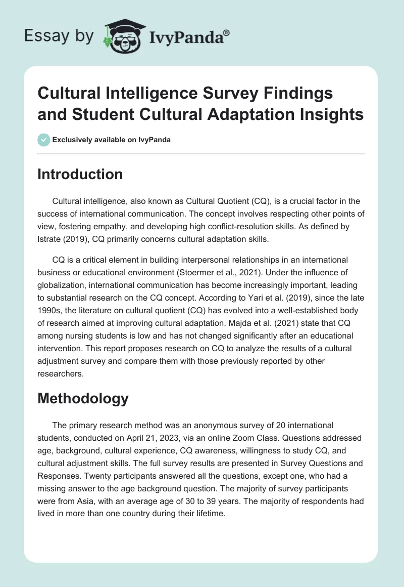 Cultural Intelligence Survey Findings and Student Cultural Adaptation Insights. Page 1