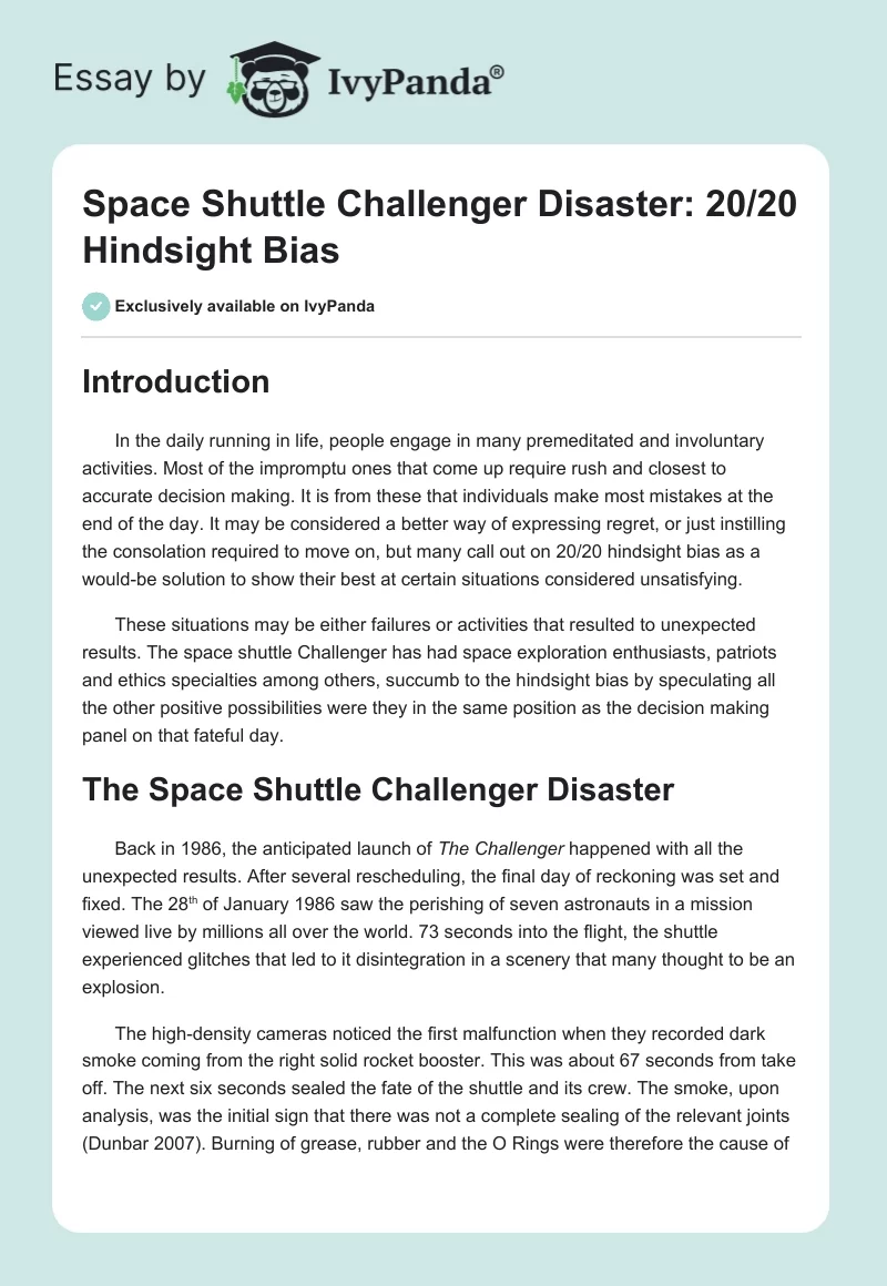 Space Shuttle Challenger Disaster: 20/20 Hindsight Bias. Page 1