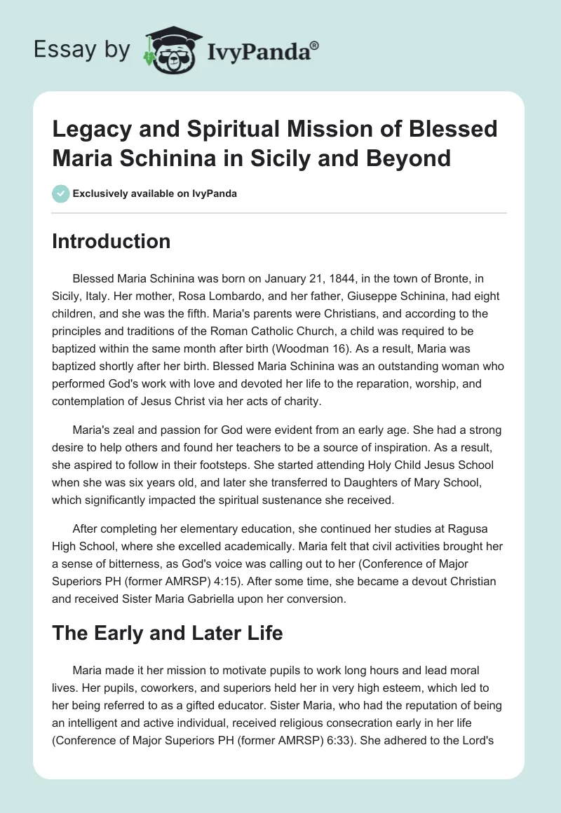 Legacy and Spiritual Mission of Blessed Maria Schinina in Sicily and Beyond. Page 1