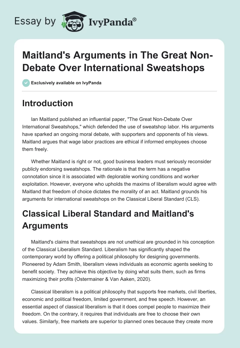 Maitland's Arguments in "The Great Non-Debate Over International Sweatshops". Page 1