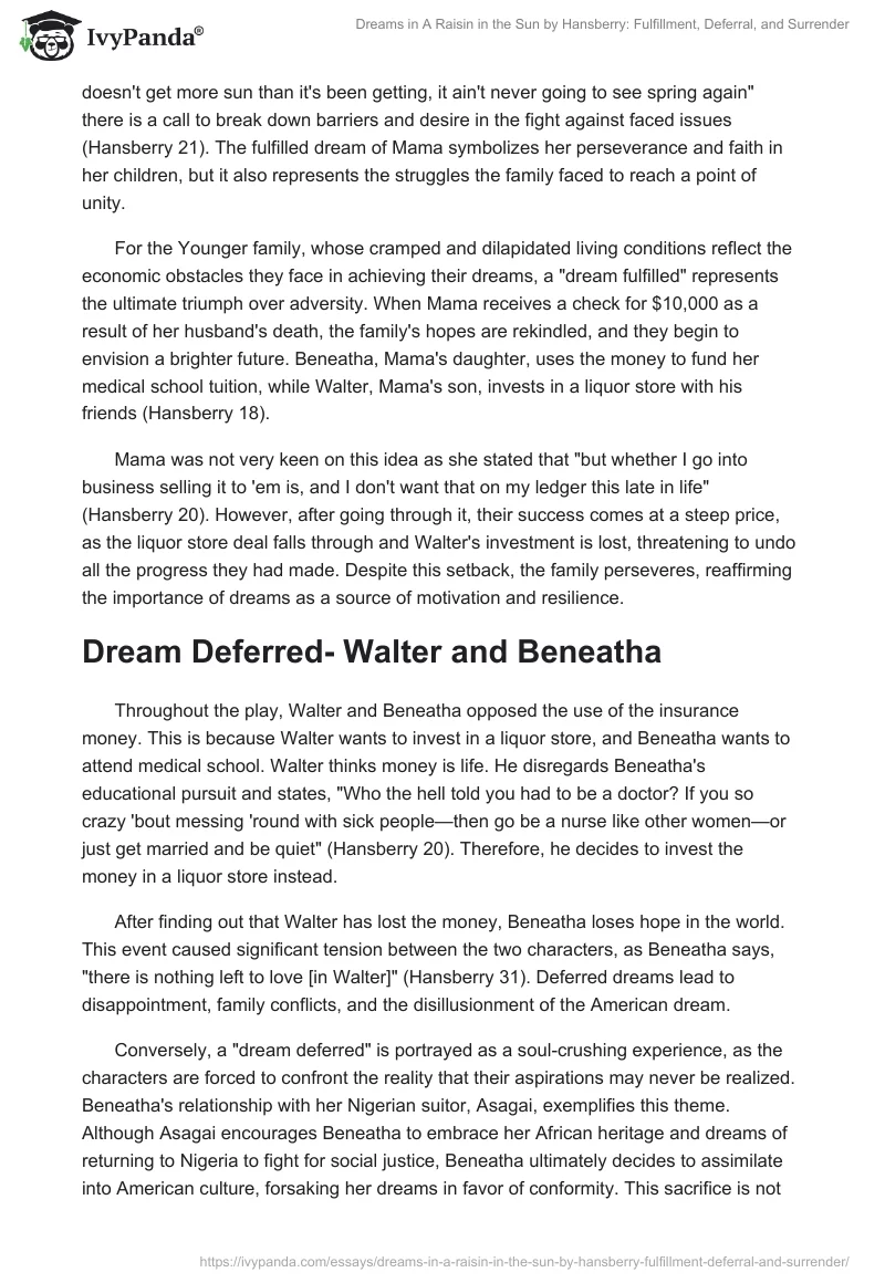 Dreams in "A Raisin in the Sun" by Hansberry: Fulfillment, Deferral, and Surrender. Page 2