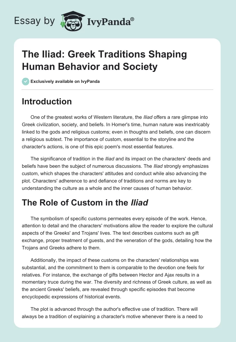 The Iliad: Greek Traditions Shaping Human Behavior and Society. Page 1