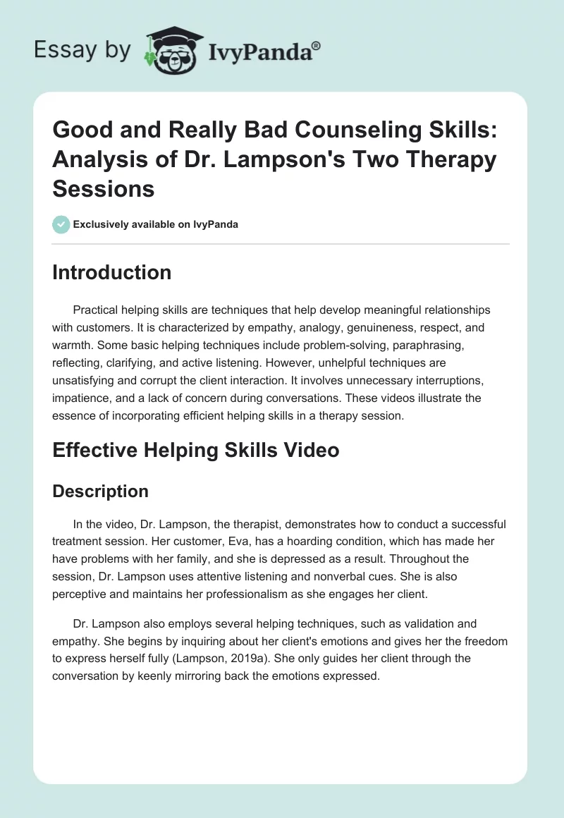 Good and Really Bad Counseling Skills: Analysis of Dr. Lampson's Two Therapy Sessions. Page 1