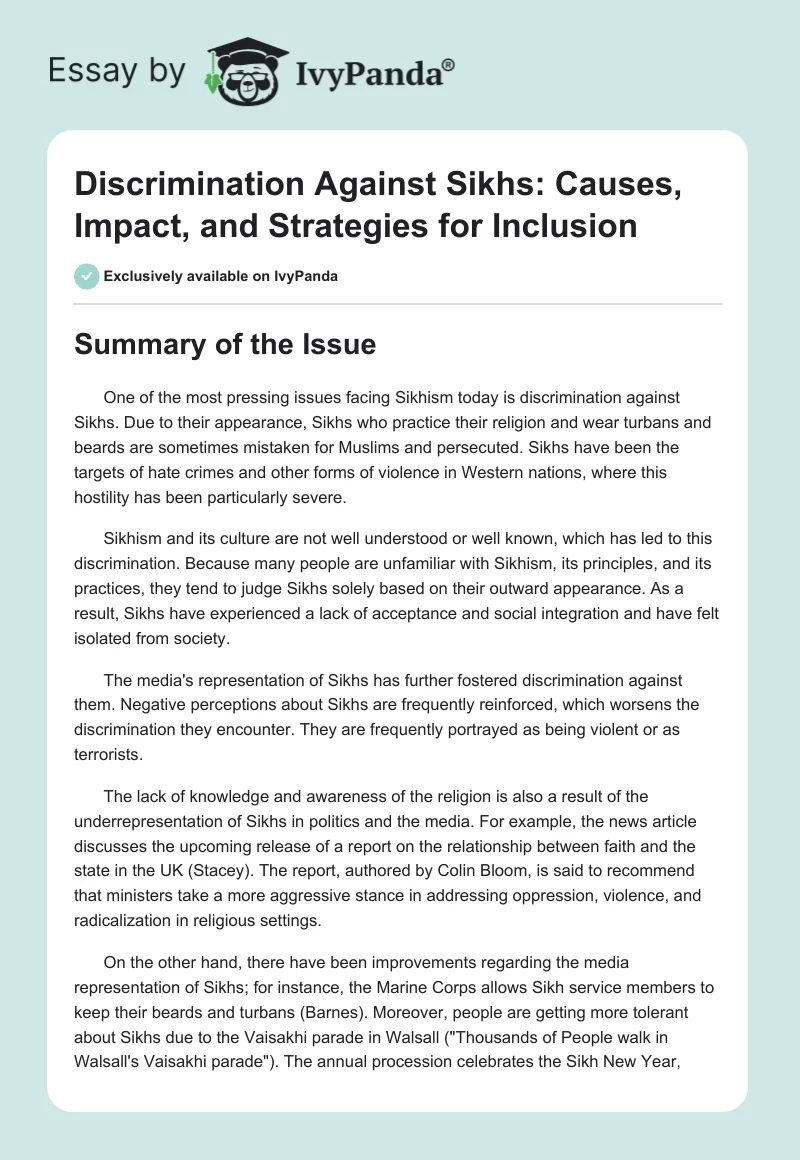 Discrimination Against Sikhs: Causes, Impact, and Strategies for Inclusion. Page 1