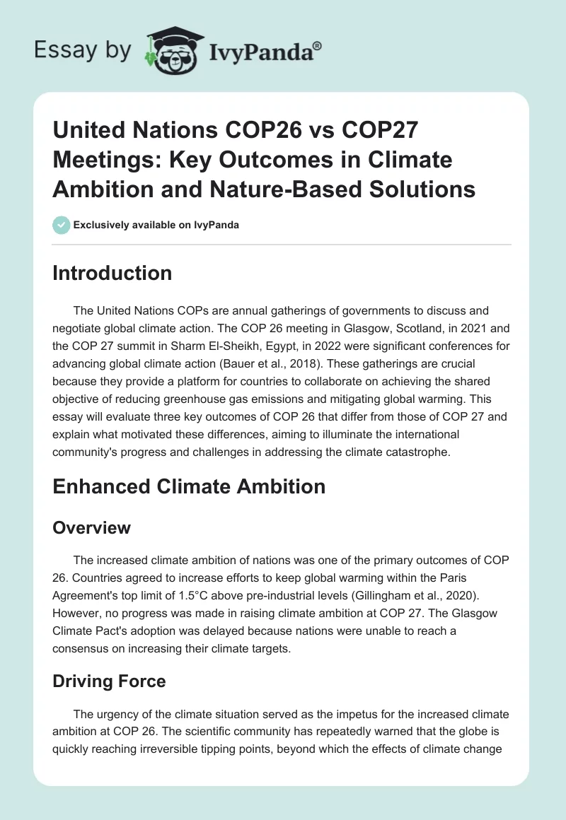 United Nations COP26 vs COP27 Meetings: Key Outcomes in Climate Ambition and Nature-Based Solutions. Page 1