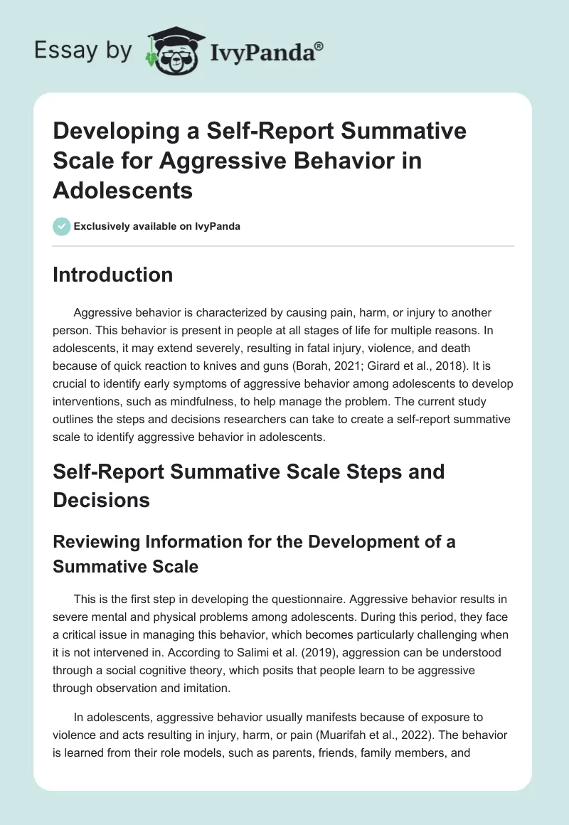Developing a Self-Report Summative Scale for Aggressive Behavior in Adolescents. Page 1