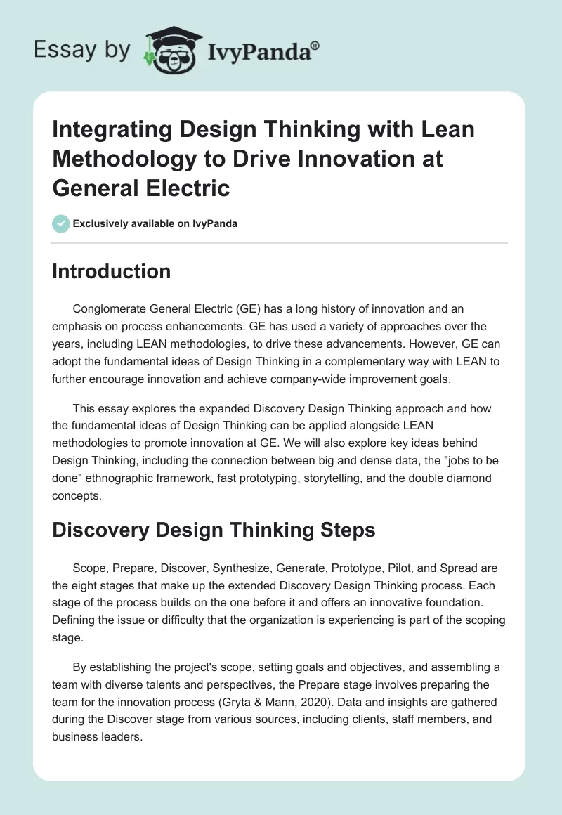 Integrating Design Thinking with Lean Methodology to Drive Innovation at General Electric. Page 1