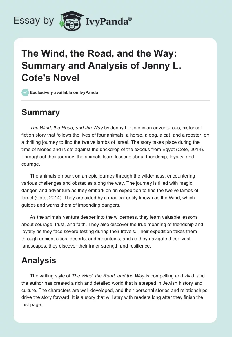 The Wind, the Road, and the Way: Summary and Analysis of Jenny L. Cote's Novel. Page 1