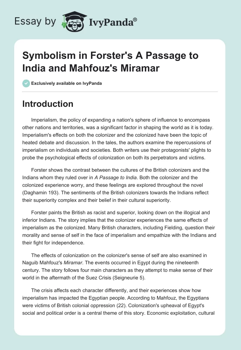 Symbolism in Forster's "A Passage to India" and Mahfouz's "Miramar". Page 1