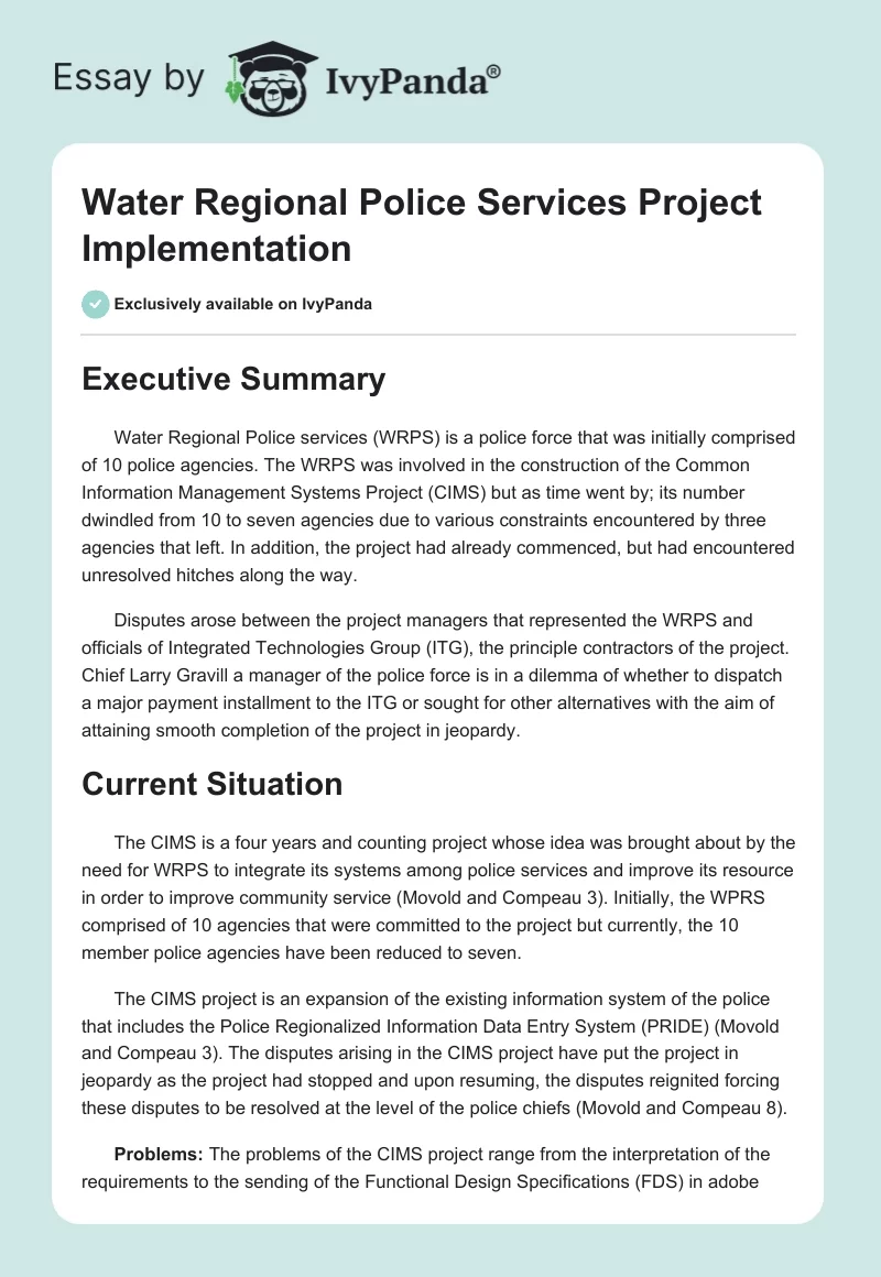 Water Regional Police Services Project Implementation. Page 1