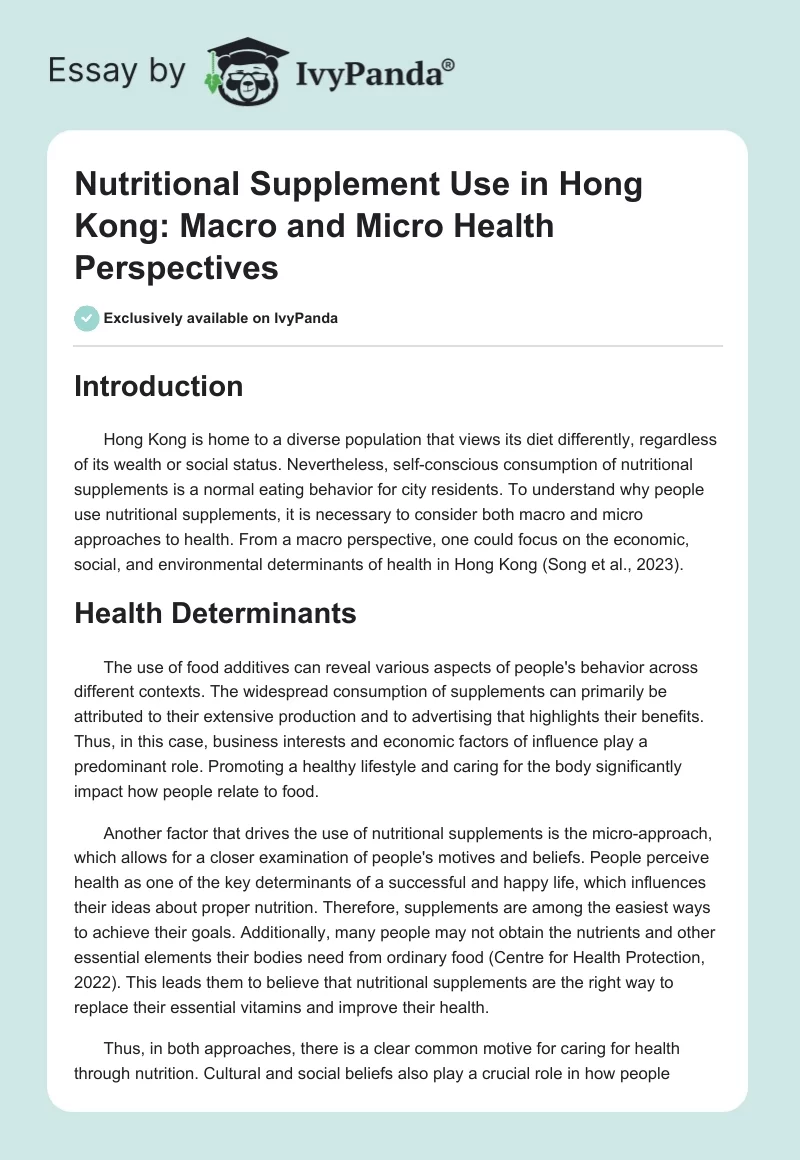 Nutritional Supplement Use in Hong Kong: Macro and Micro Health Perspectives. Page 1