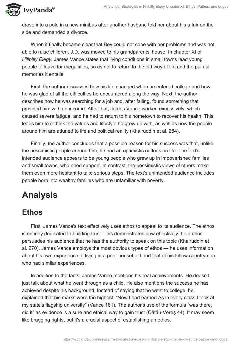 Rhetorical Strategies in "Hillbilly Elegy" Chapter XI: Ethos, Pathos, and Logos. Page 2
